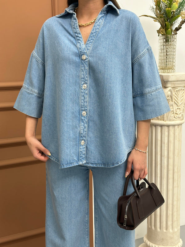 Yarım Kol Arka Köprü Detayı Light Blue Denim Gömlek
