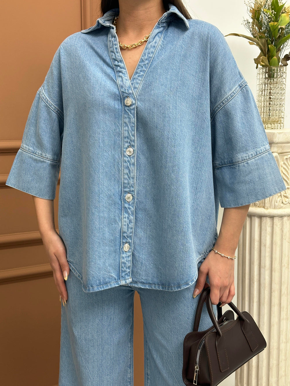 Yarım Kol Arka Köprü Detayı Light Blue Denim Gömlek