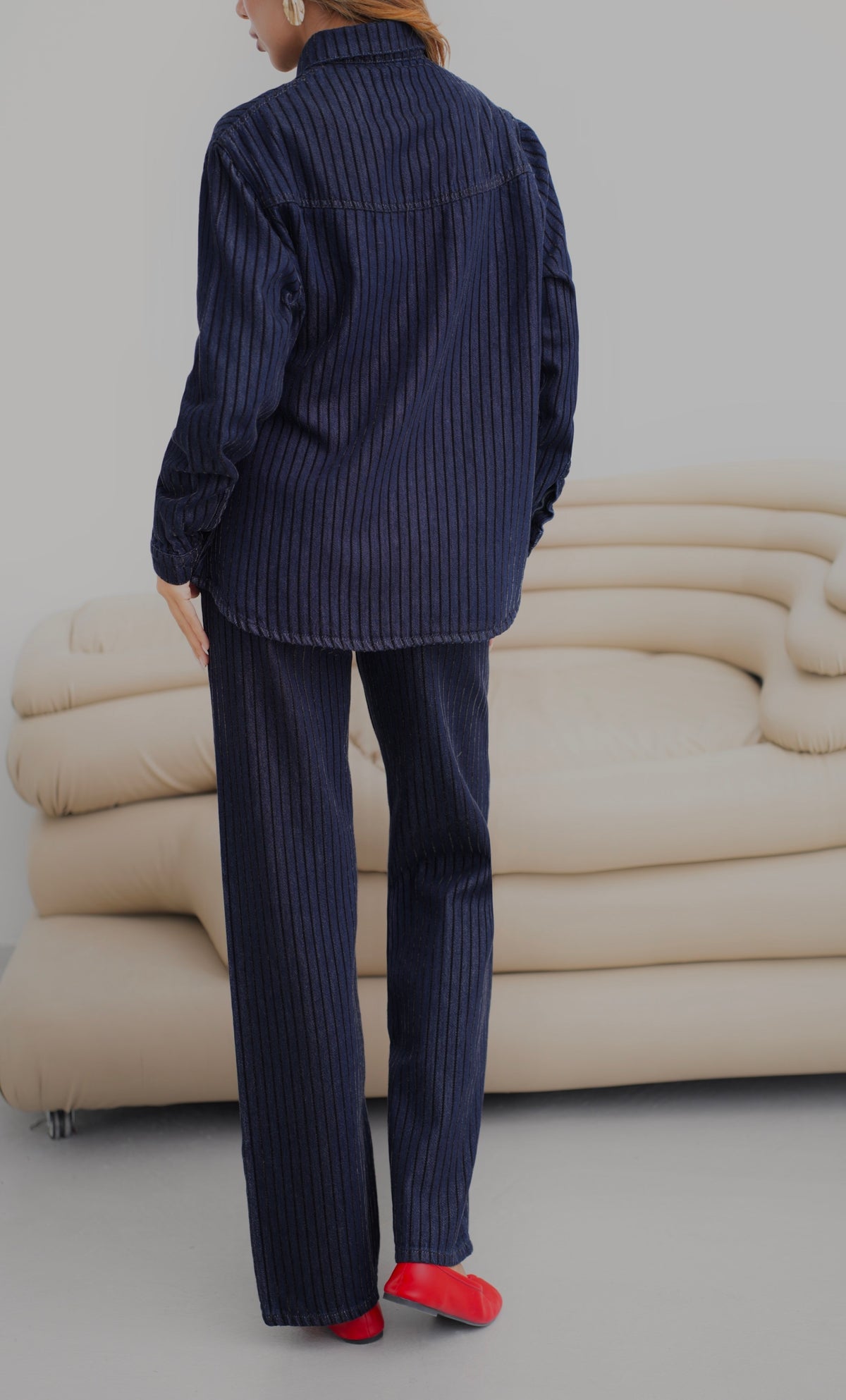 Sim Detaylı Çizgi Floklu 5 Düğmeli Navy BLue Jean Gömlek