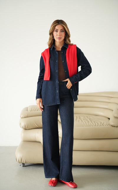 Sim Detaylı Çizgi Floklu 5 Düğmeli Navy BLue Jean Gömlek