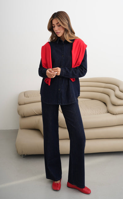Sim Detaylı Çizgi Floklu 5 Düğmeli Navy BLue Jean Gömlek