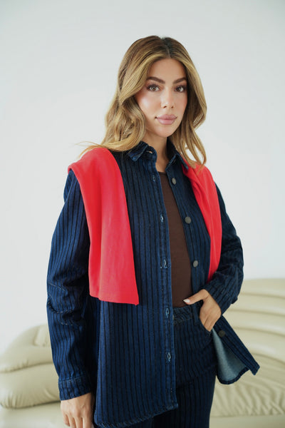 Sim Detaylı Çizgi Floklu 5 Düğmeli Navy BLue Jean Gömlek