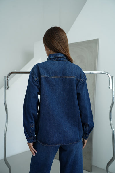 Yaka Çıkartılabilir Taş Detaylı Cep Detaylı Dark Blue Jean Gömlek