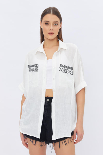 Bluza Buzunare Brodate - ALB