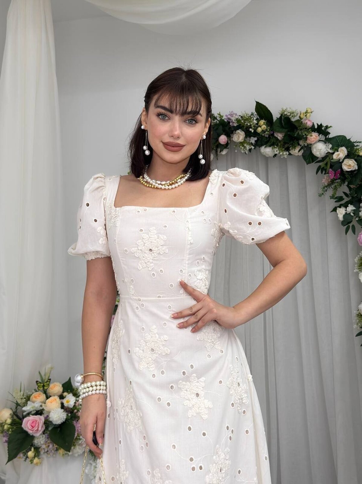 Rochie cu mâneci balon și imprimeu grafic