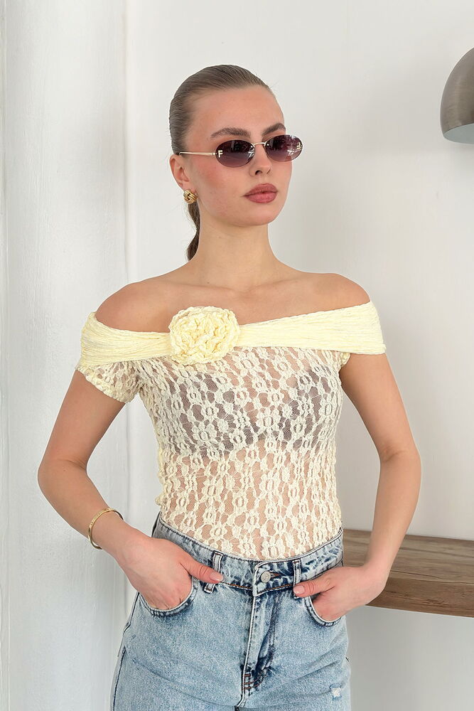 Rose Detailed Lace Blouse - Yellow - D2749 | Topshow