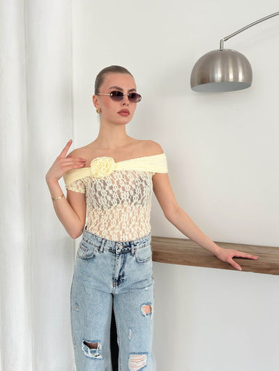 Rose Detailed Lace Blouse - Yellow - D2749 | Topshow