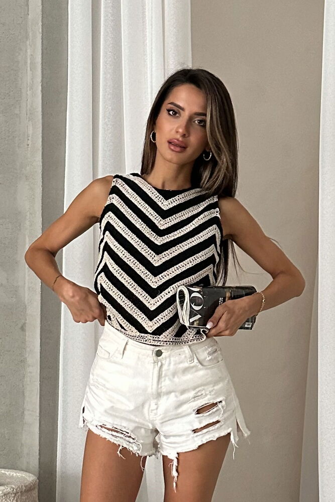Topshow Ham Siyah Kolsuz Zebra Desen Tiğişi Toptan Bluz