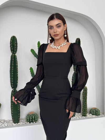 Hare Kolları Fırfır Detaylı Elbise