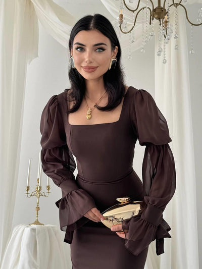 Hare Kolları Fırfır Detaylı Elbise