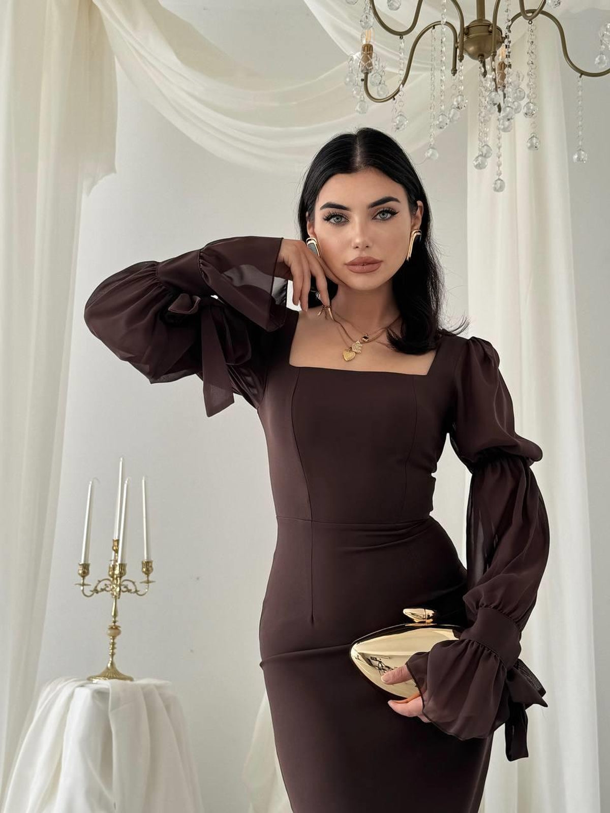 Hare Kolları Fırfır Detaylı Elbise