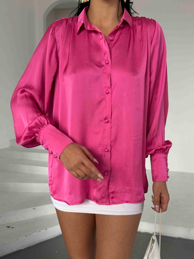 Cămașă din satin cu nasturi și perle - Fuchsia