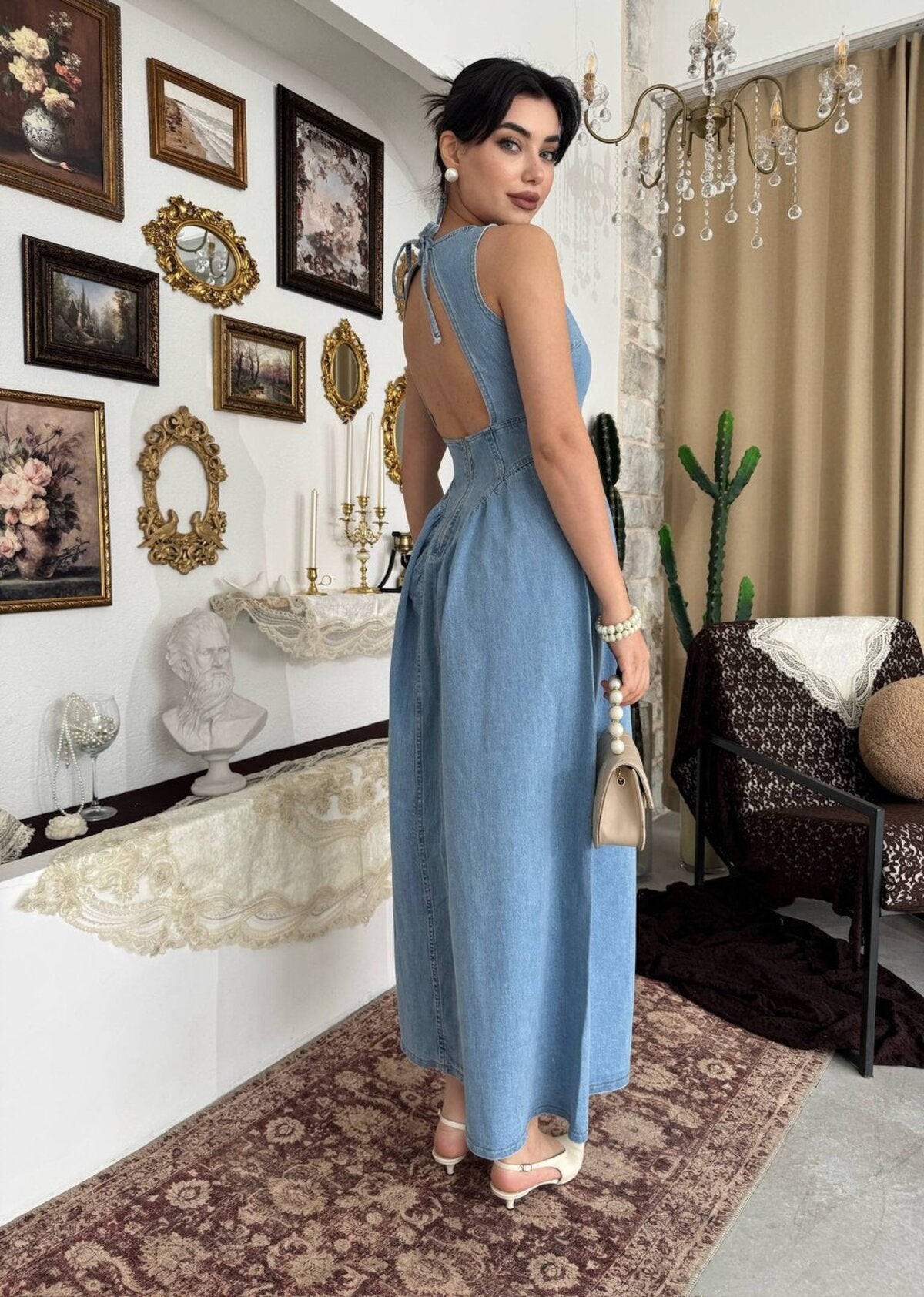 Jere Sırt Dekolte Detaylı Denim Elbise