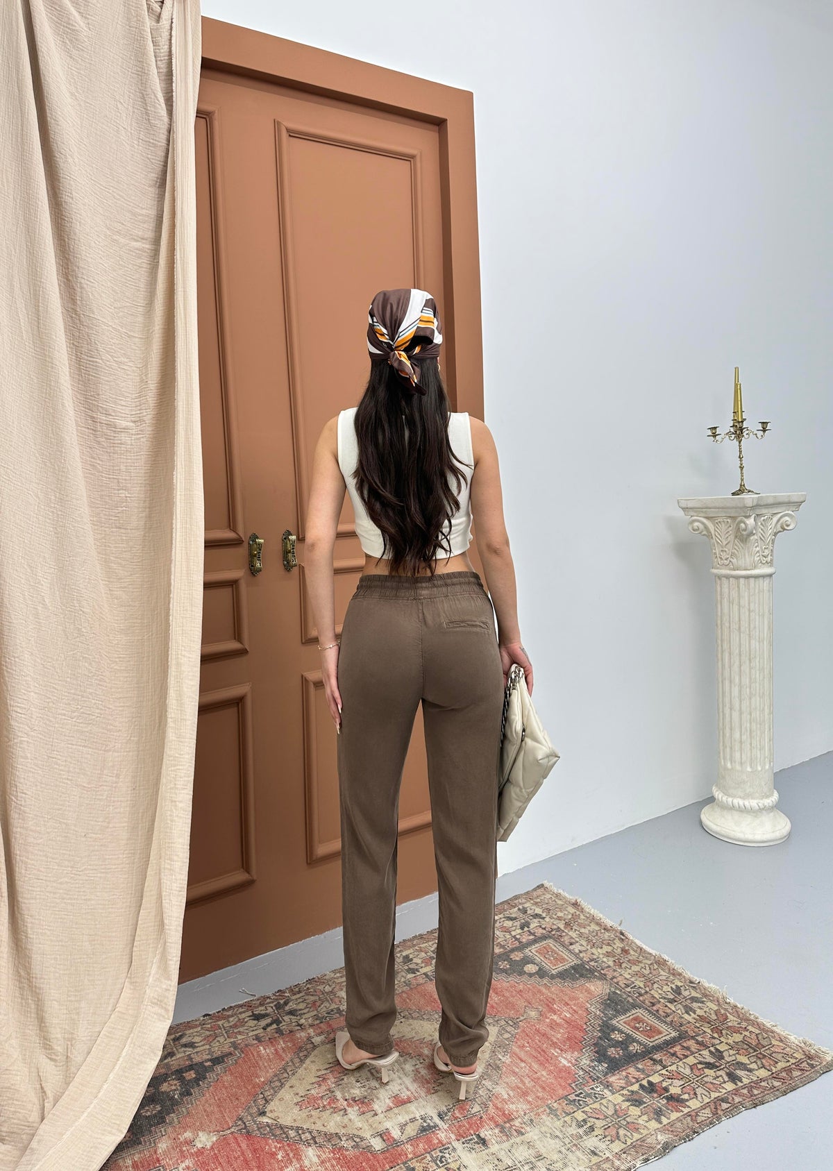 Women's Elastic Waist Tapered Leg Brown Jogger Pants