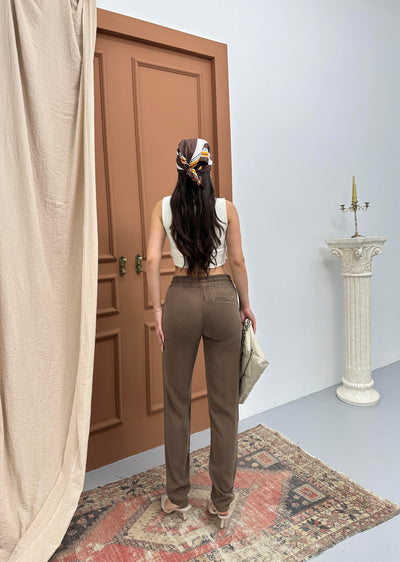 Women's Elastic Waist Tapered Leg Brown Jogger Pants