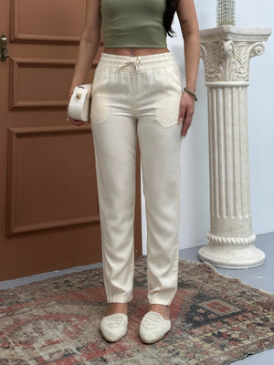 Pantaloni jogger crem cu talie elastică