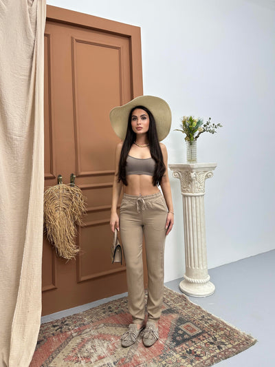 Pantaloni jogger din blană de blană de blană pentru femei, cu talie elastică, croială slim fit, model Mink