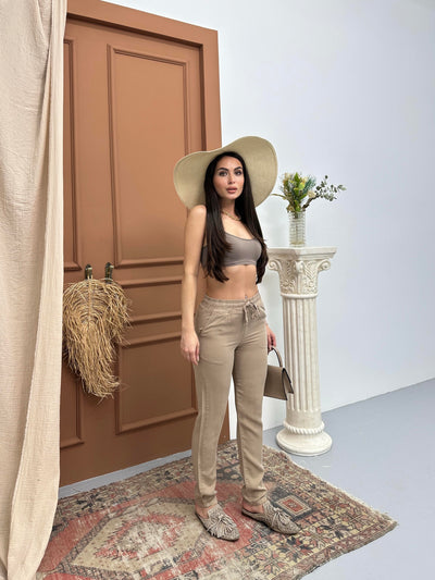 Pantaloni jogger din blană de blană de blană pentru femei, cu talie elastică, croială slim fit, model Mink