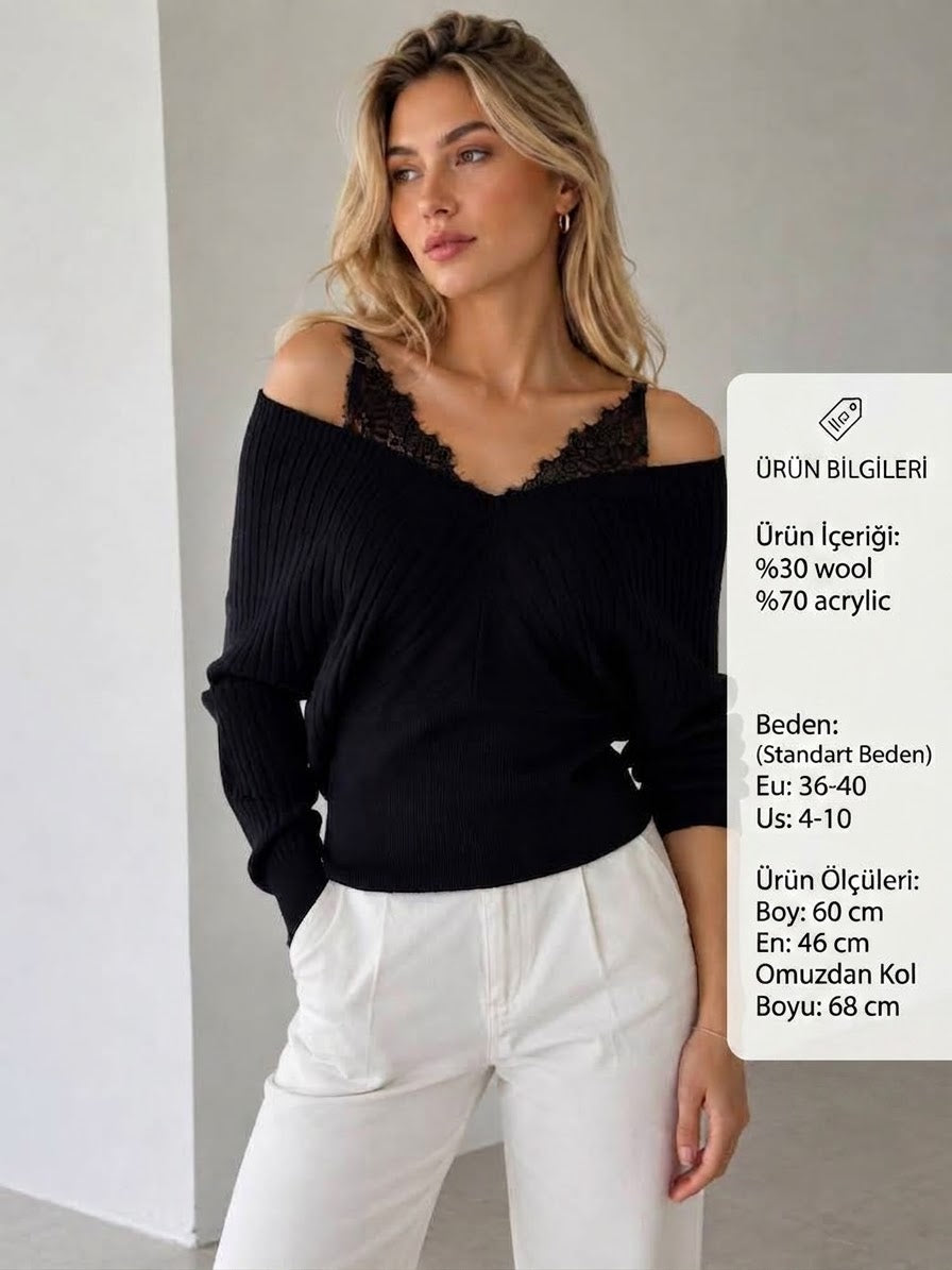 Pulover tricotat cu umeri decupați și dantelă - Negru