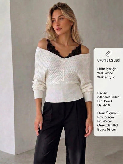 Pulover tricotat cu umeri căzuți și detalii din dantelă - Ivory