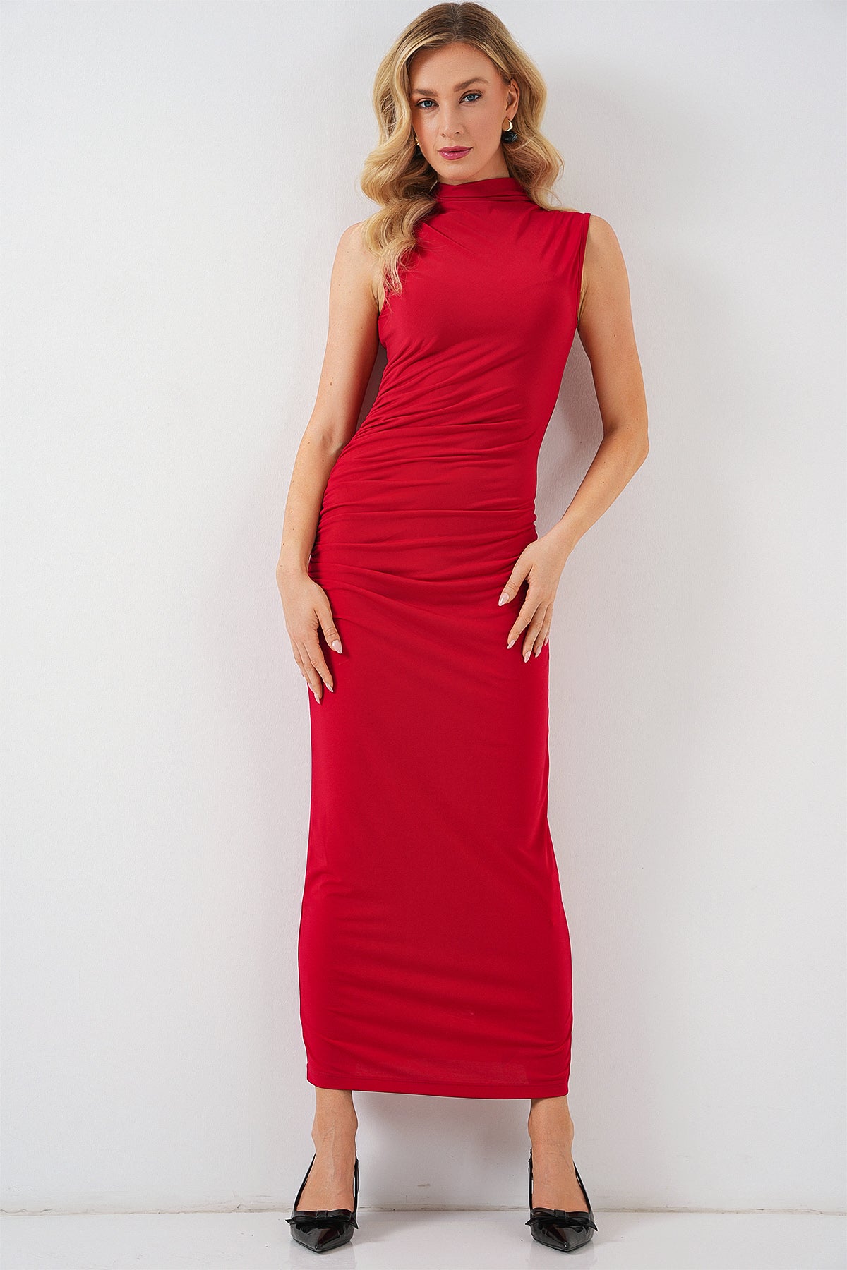Rochie Cu Talie Strânsă Și Drapeu Fără Mâneci Damă 2579 - Roșu