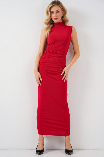 Rochie Cu Talie Strânsă Și Drapeu Fără Mâneci Damă 2579 - Roșu
