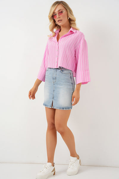 Kadın Çizgili Oversize Kısa Gömlek 20326 - Pembe