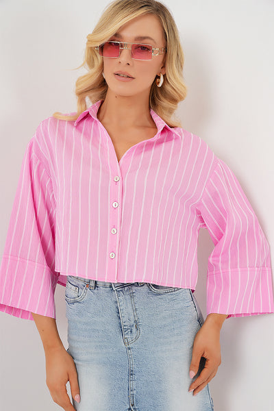 Kadın Çizgili Oversize Kısa Gömlek 20326 - Pembe