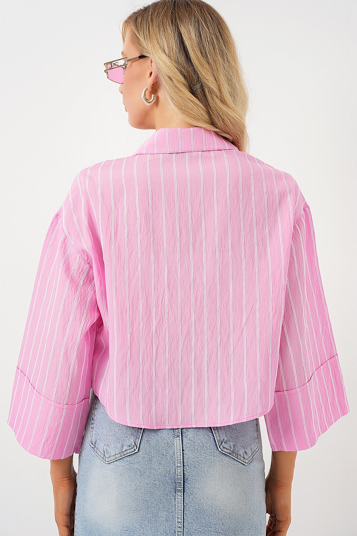 Kadın Çizgili Oversize Kısa Gömlek 20326 - Pembe
