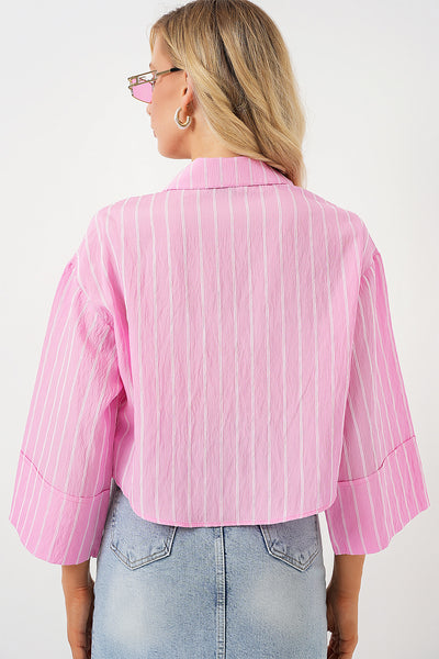 Kadın Çizgili Oversize Kısa Gömlek 20326 - Pembe