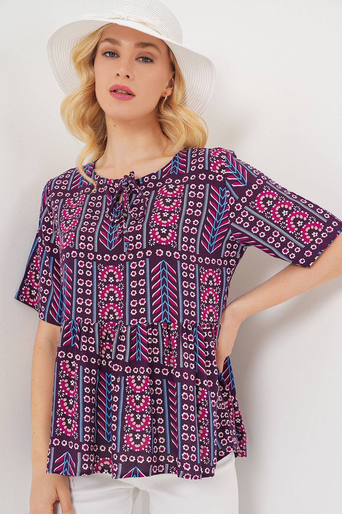 Bluza Decorativă cu Mâneci Scurte 969 - Bordo