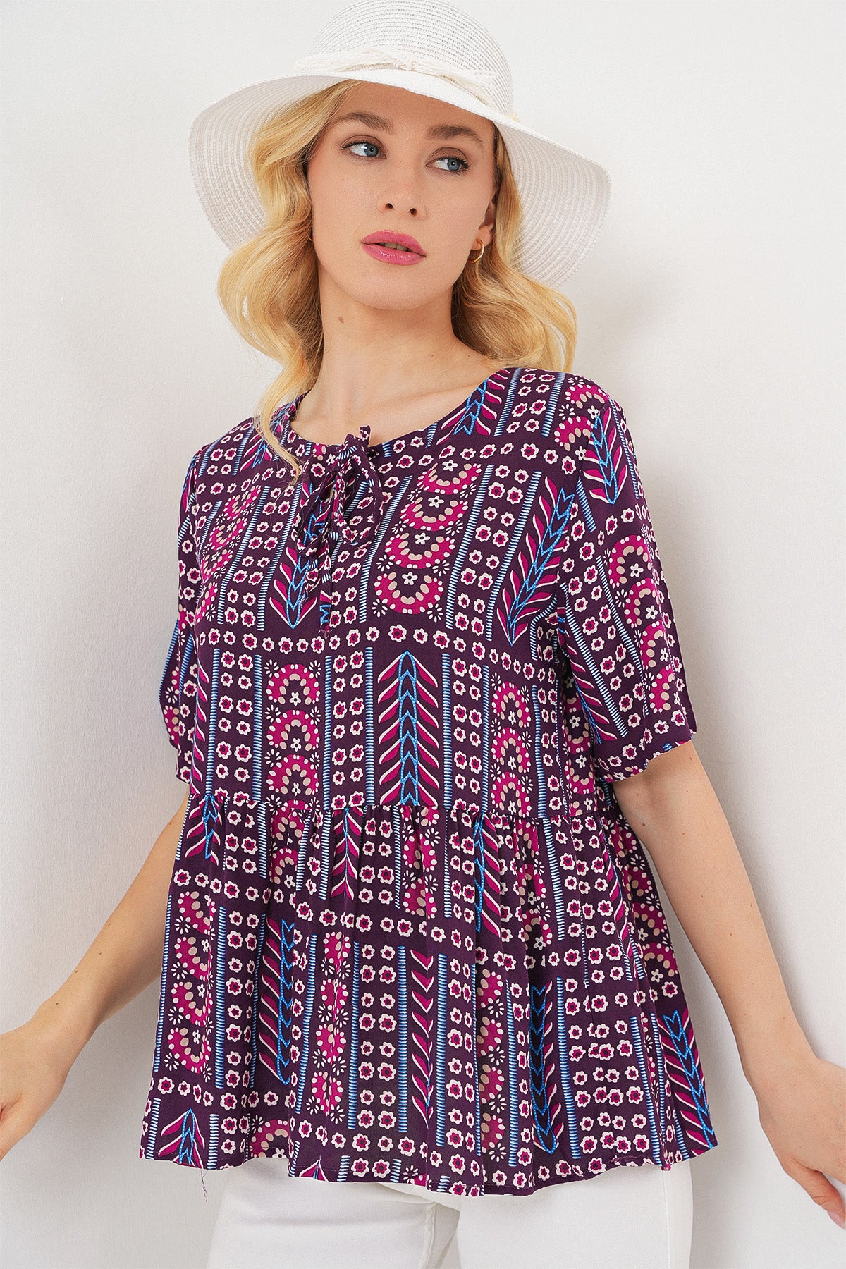 Bluza Decorativă cu Mâneci Scurte 969 - Bordo