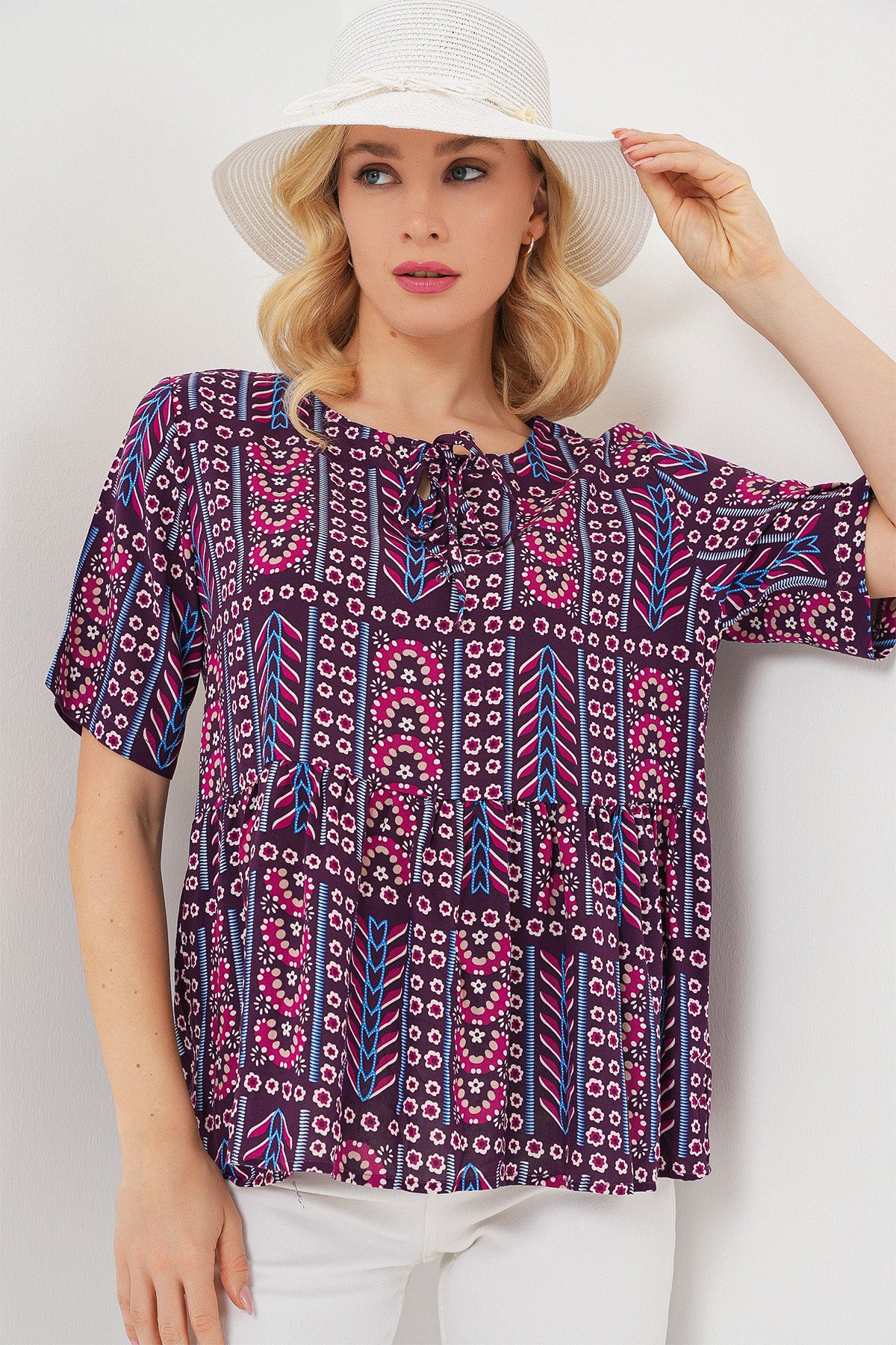 Bluza Decorativă cu Mâneci Scurte 969 - Bordo