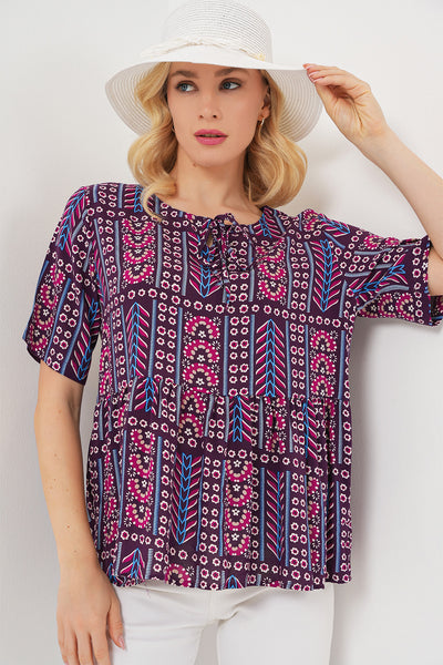 Bluza Decorativă cu Mâneci Scurte 969 - Bordo