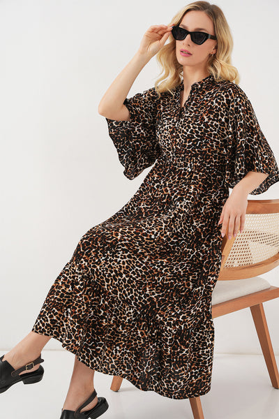 Rochie Decorativă cu Mâneci Scurte 2562 - Maro Deschis