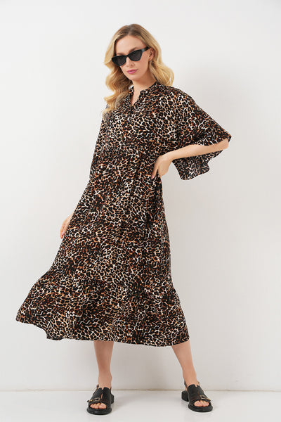 Rochie Decorativă cu Mâneci Scurte 2562 - Maro Deschis