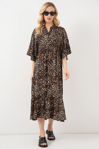 Rochie Decorativă cu Mâneci Scurte 2562 - Maro Deschis