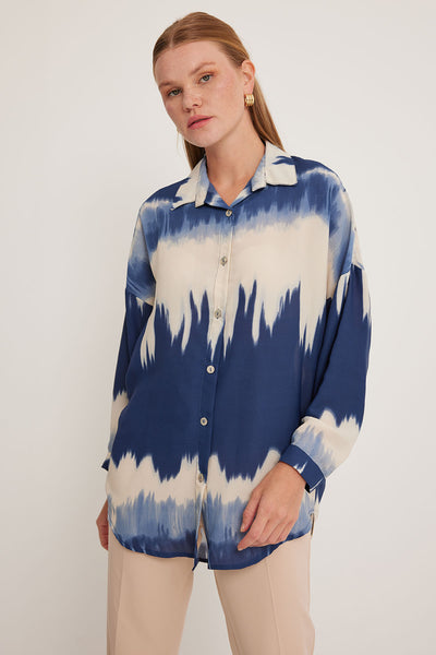 Cămașă Oversized cu Model Bleumarin Crem Femei 5923