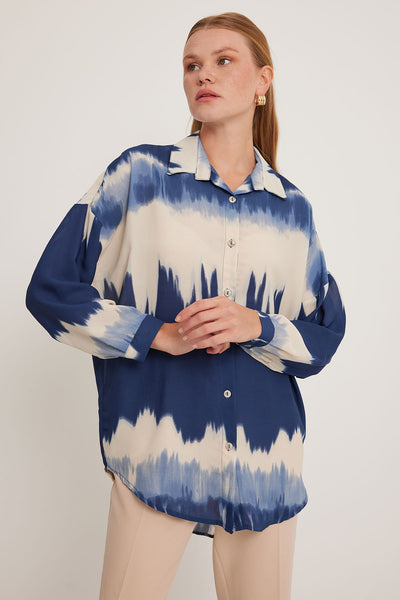 Cămașă Oversized cu Model Bleumarin Crem Femei 5923