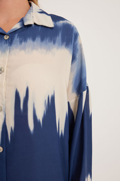 Cămașă Oversized cu Model Bleumarin Crem Femei 5923
