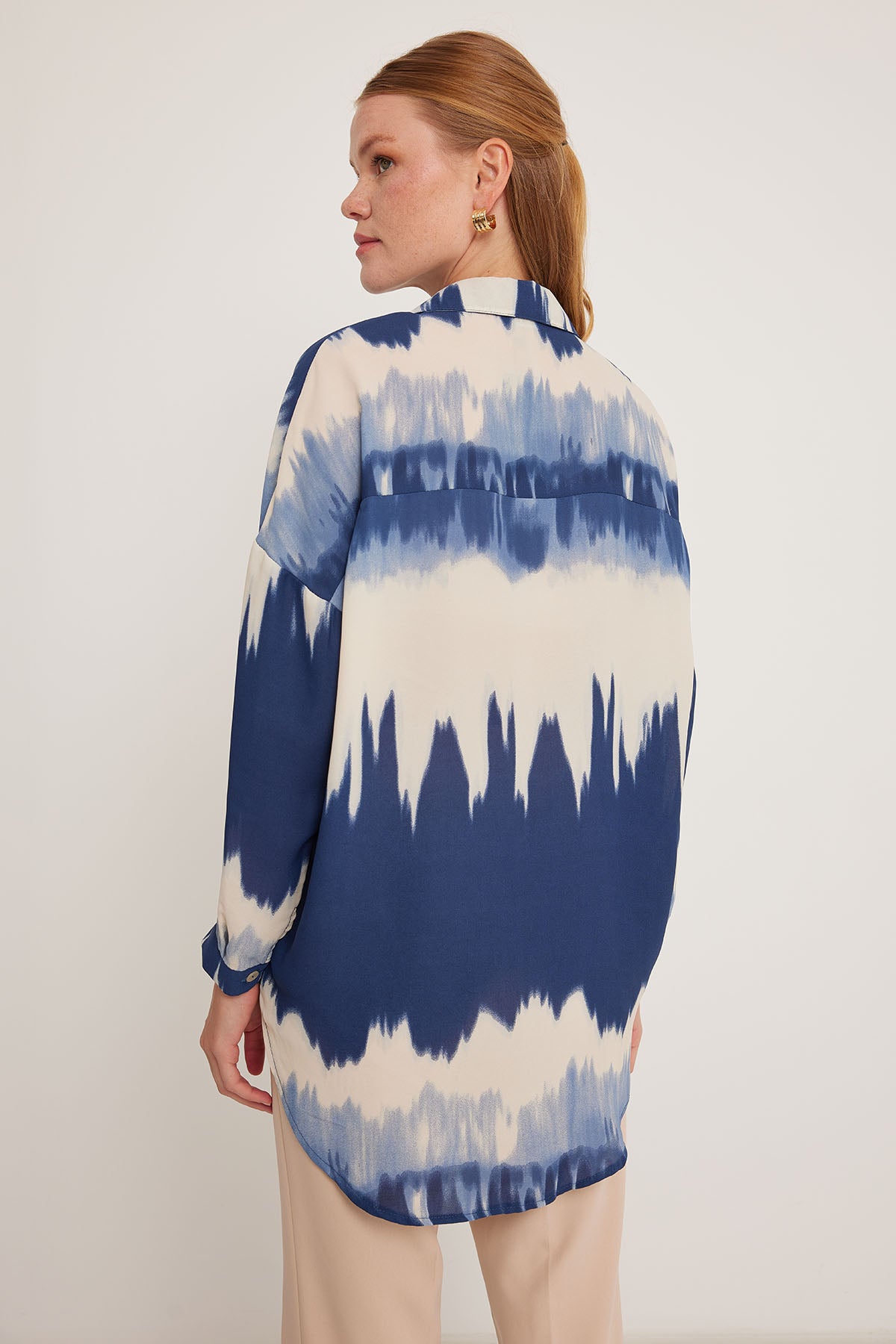 Cămașă Oversized cu Model Bleumarin Crem Femei 5923