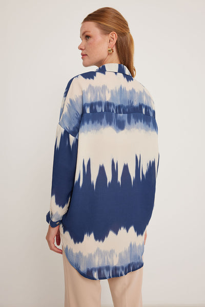 Cămașă Oversized cu Model Bleumarin Crem Femei 5923