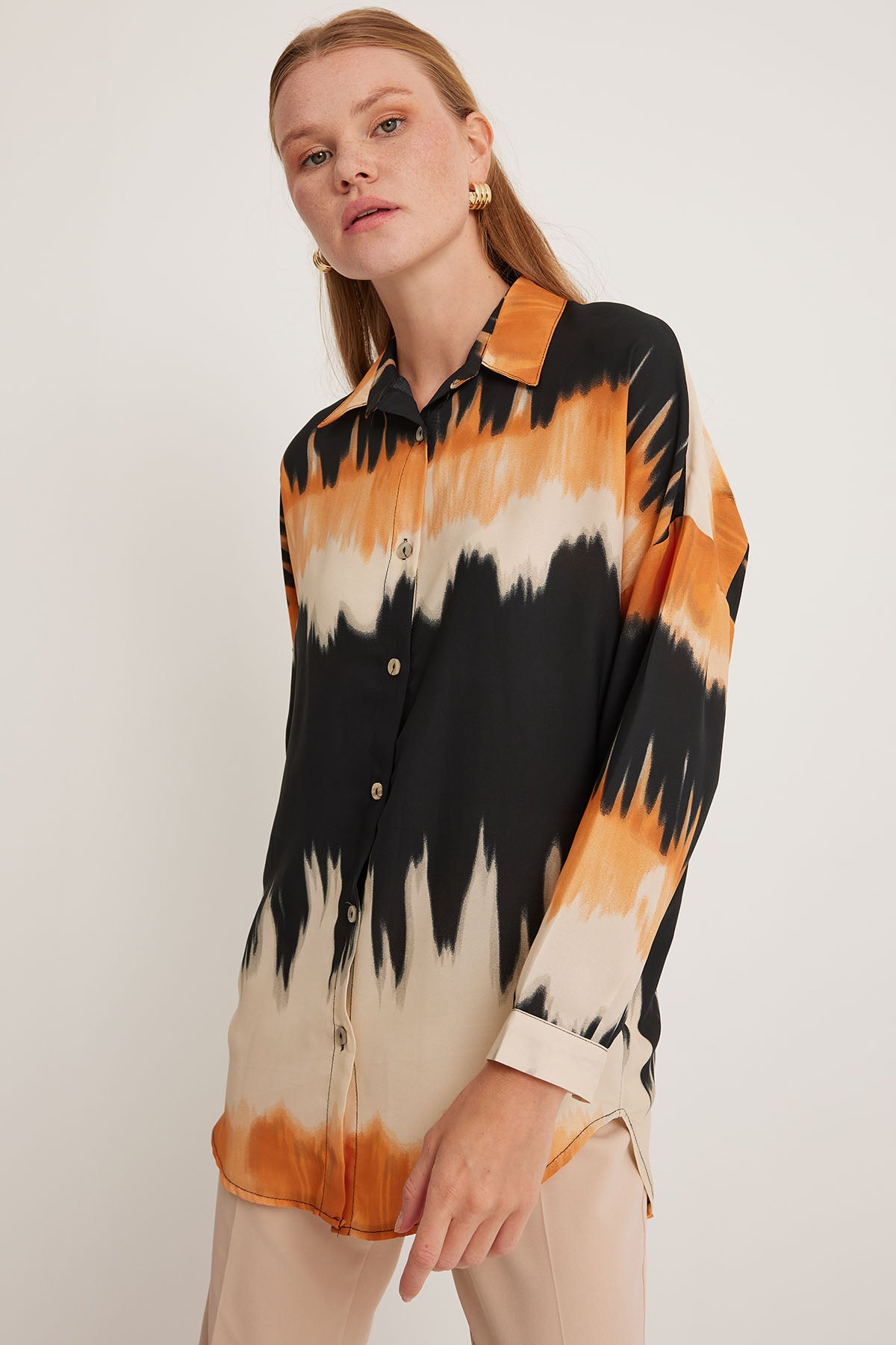 Cămașă Oversized cu Model Portocaliu Negru Femei 5923