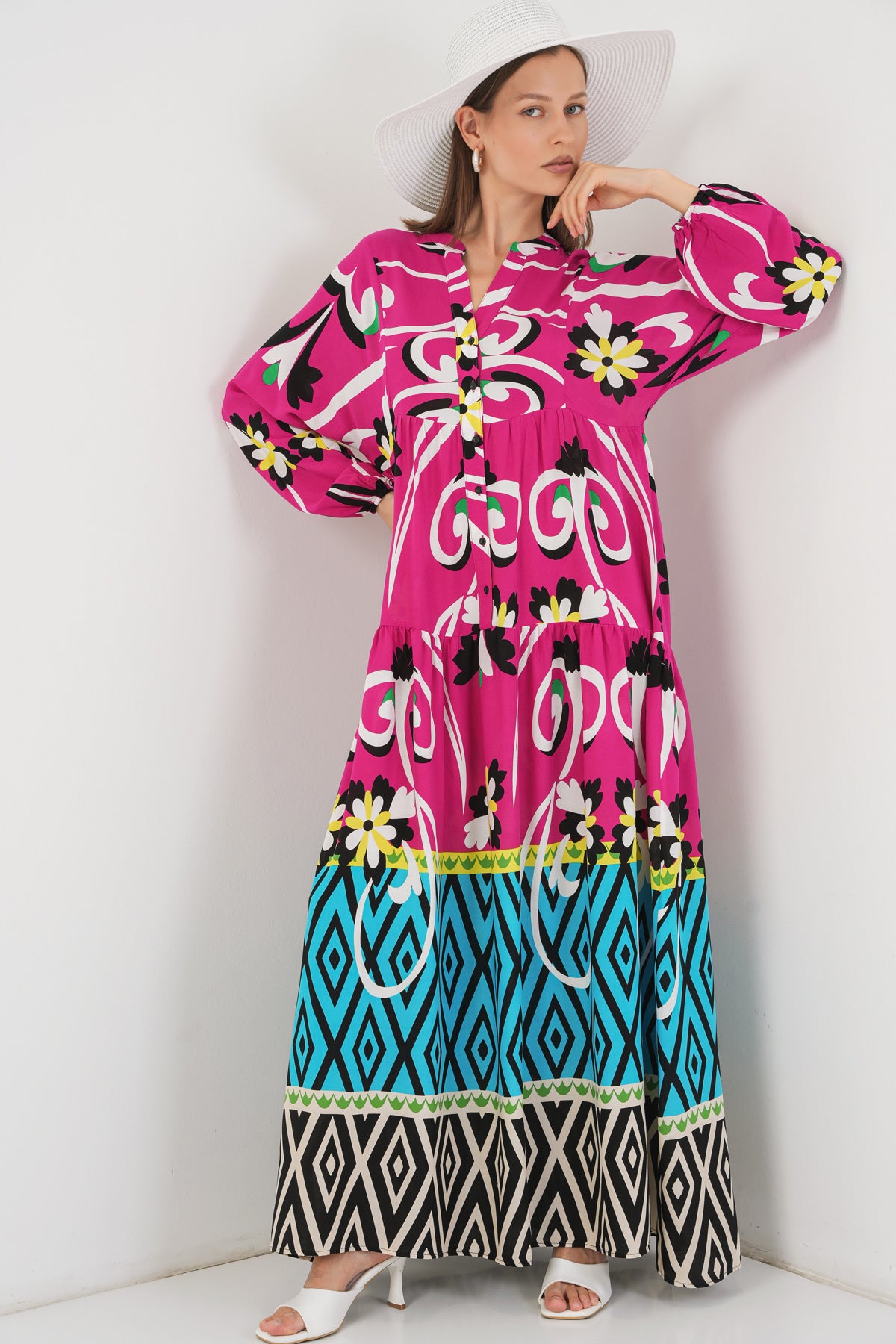 Rochie Lungă Tesettür Decorativă 2585 - Fuchsie Deschisă