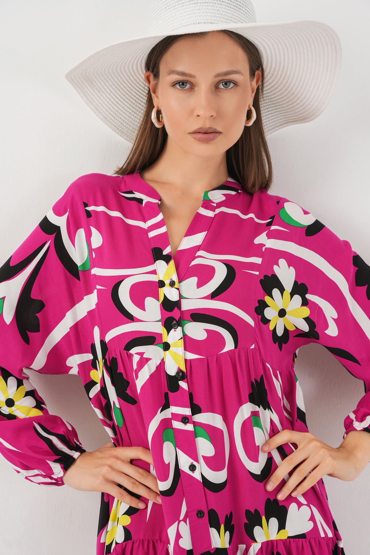 Rochie Lungă Tesettür Decorativă 2585 - Fuchsie Deschisă