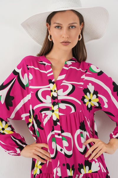 Rochie Lungă Tesettür Decorativă 2585 - Fuchsie Deschisă