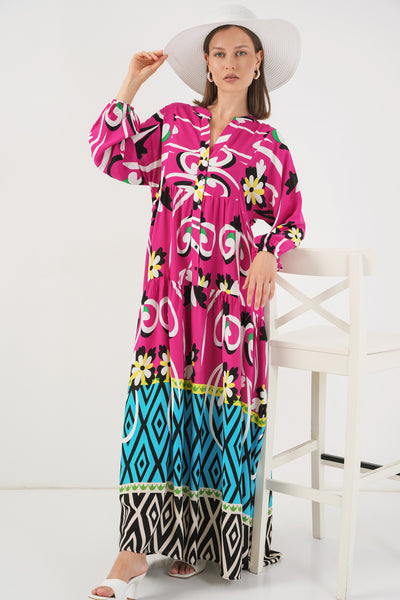 Rochie Lungă Tesettür Decorativă 2585 - Fuchsie Deschisă