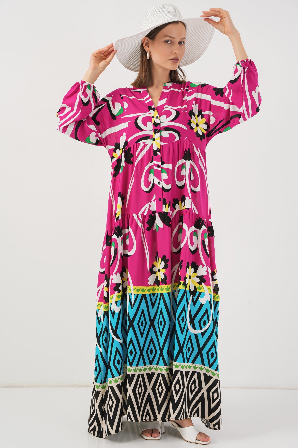 Rochie Lungă Tesettür Decorativă 2585 - Fuchsie Deschisă