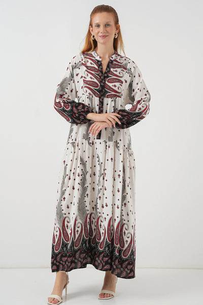 Rochie Lungă Tesettür Decorativă 2585 - Roșu Deschis