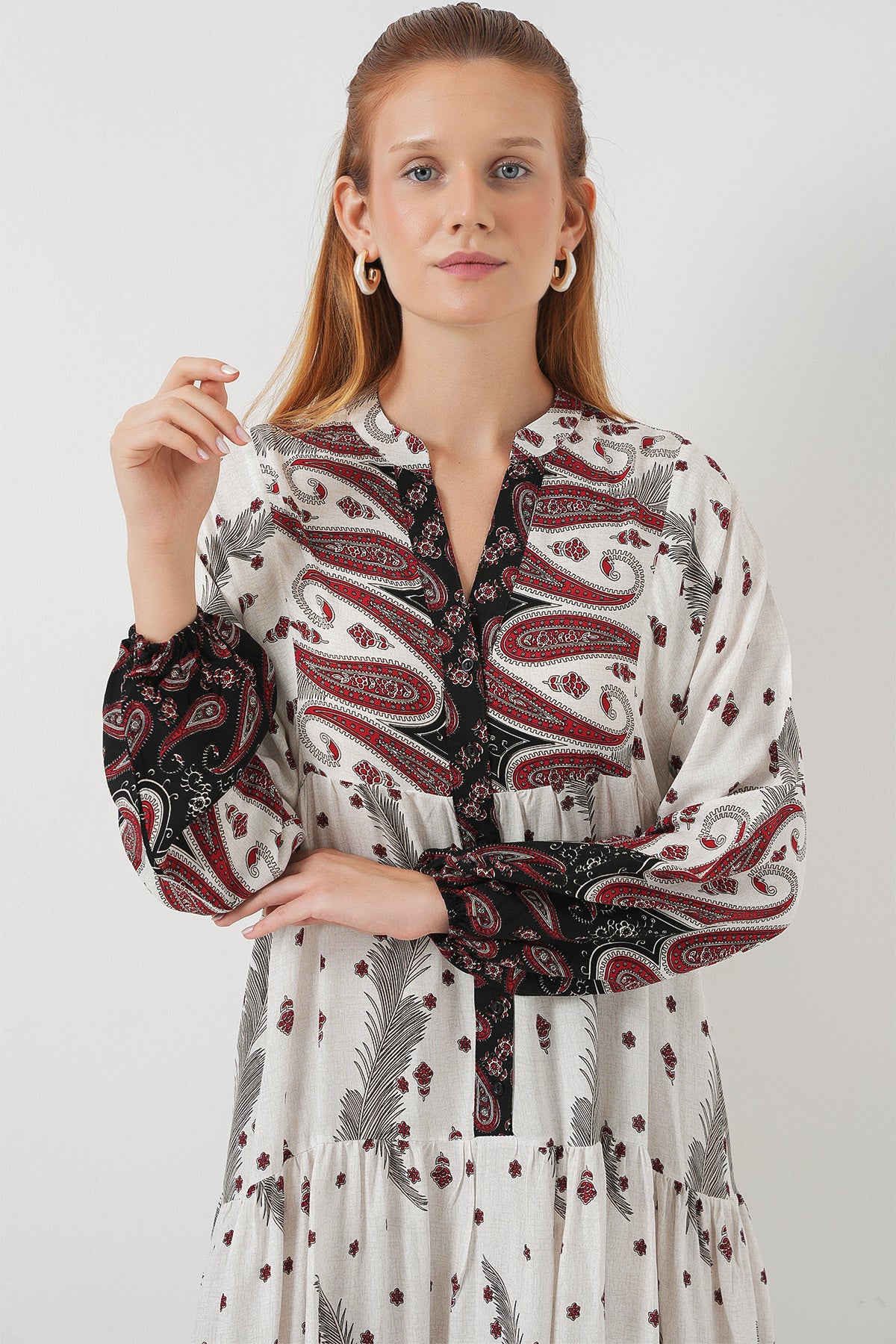 Rochie Lungă Tesettür Decorativă 2585 - Roșu Deschis